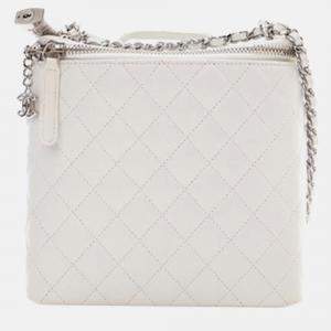 Pre Owned Chanel White Large Quilted Lambskin Top Handle Jewelry Box With Chain