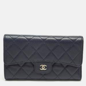 Pre Owned Chanel Navy Blue Quilted Caviar Leather Classic L Trifold Wallet