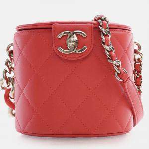 Pre Owned Chanel Red Small Quilted Lambskin Resin Elegant Chain Tubular Vanity Case