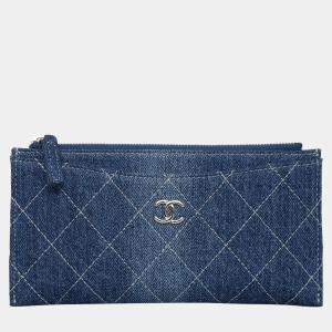 Pre Owned Chanel Quilted Denim Zip Pouch Wallet