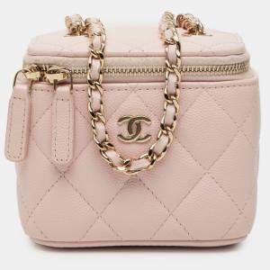 Pre Owned Chanel Pink Mini CC Quilted Caviar Vanity Case with Chain