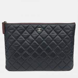 Pre Owned Chanel Black Leather Caviar Clutch New Medium