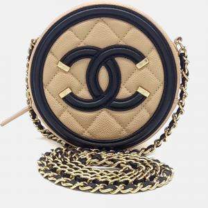 Pre Owned Chanel Beige Black Leather Caviar Round Mini Crossbody Bag
