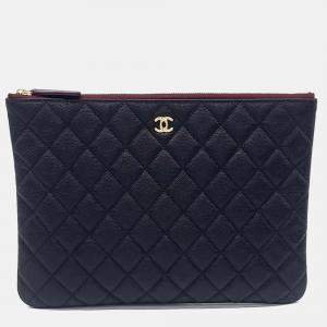 Pre Owned Chanel Black Leather Caviar Clutch New Medium