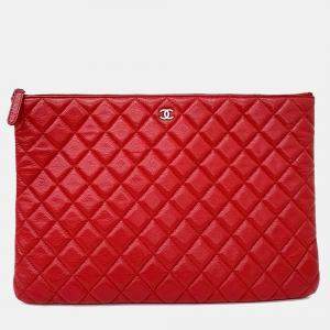 Pre Owned Chanel Red Leather Caviar Clutch Large