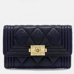 Pre Owned Chanel Black Leather Caviar Boy Card Holder