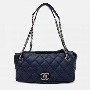 Pre Owned Chanel Navy Blue Leather Wild Stitch Chain Shoulder Bag