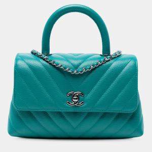 Pre Owned Chanel Blue Mini Chevron Caviar Coco Top Handle Bag