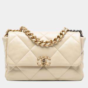 Pre Owned Chanel Beige Large Lambskin 19 Flap