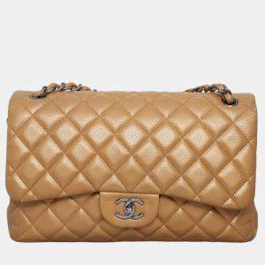 Pre Owned Chanel Brown Caviar Classic Jumbo Double Flap Bag