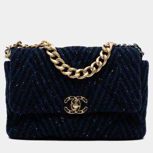Pre Owned Chanel Blue Large Chevron Tweed Sequin 19 Flap