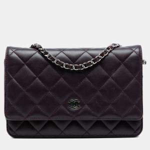 Pre Owned Chanel Purple CC Quilted Lambskin Wallet on Chain