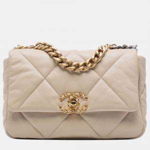 Pre Owned Chanel Beige Brown Medium Lambskin 19 Flap