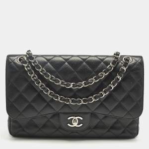 Pre Owned Chanel Black Quilted Caviar Leather Jumbo Classic Double Flap Bag