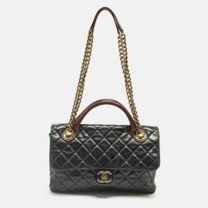 Pre Owned Chanel Black/Burgundy Quilted Glazed Leather Medium Castle Rock Top Handle Bag