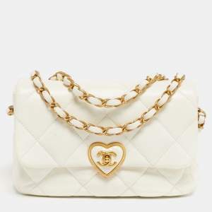 Pre Owned Chanel White Quilted Leather Small Coco Love Flap Bag