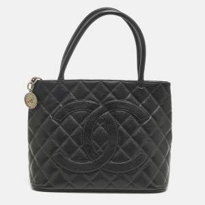 Pre Owned Chanel Black Quilted Caviar Leather Medallion Tote
