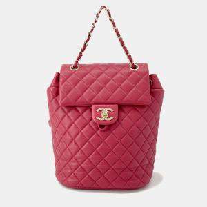 Pre Owned Chanel Matelasse Chain Backpack Red Lambskin