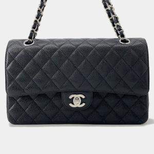 Pre Owned Chanel Matelasse W Flap Chain shoulder Bag Black Caviar Leather Size 25