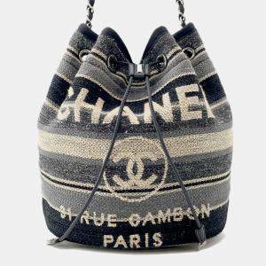 Pre Owned Chanel Deauville Drawstring Shoulder Black/Gray/White Canvas