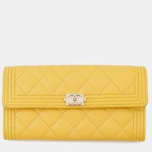 Pre Owned Chanel Boy Chanel Long Wallet Yellow Lambskin