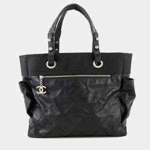 Pre Owned Chanel Paris-Biarritz Tote Bag Black Leather Canvas Size Gm