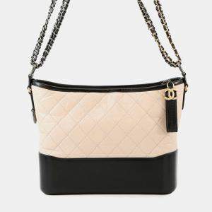 Pre Owned Chanel Gabriel De Chanel Hobo Chain shoulder Bag Beige/Black Calf Leather