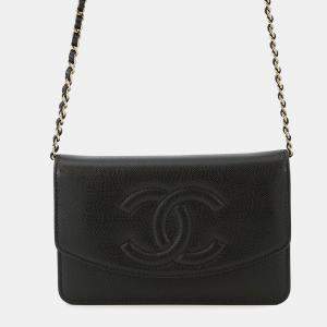 Pre Owned Chanel Chain Wallet Black Caviar Leather