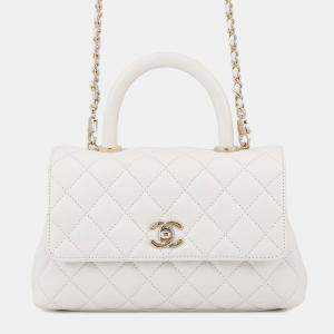 Pre Owned Chanel Coco Handle 2Way Handbag White Caviar Leather Size Xs