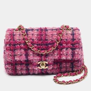 Pre Owned Chanel Pink Quilted Tweed Mini Classic Single Flap Bag