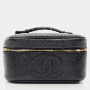 Pre Owned Chanel Coco Mark Vanity Handbag Leather Grained Calfskin Black