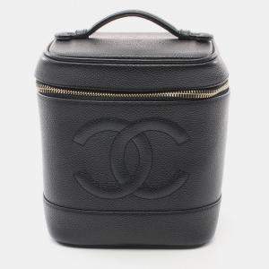 Pre Owned Chanel Coco Mark Hand Vertical Vanity Bag Leather Black