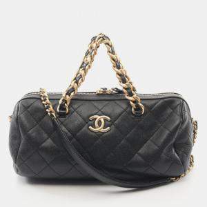 Pre Owned Chanel Matelasse Bowling Chain Shoulder Bag Leather Black