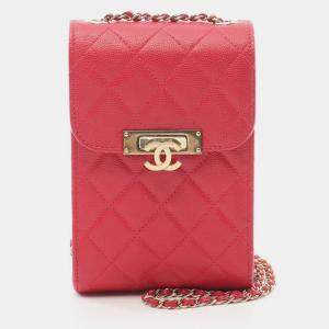 Pre Owned Chanel Matelasse Phone Shoulder Bag Leather Grained Calfskin Red