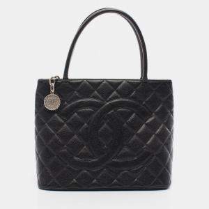 Pre Owned Chanel Medallion Tote Hand Bag Leather Black