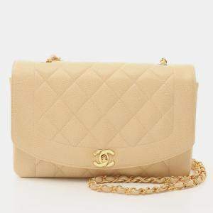 Pre Owned Chanel Matelasse Diana Flap Chain Shoulder Bag Leather Beige