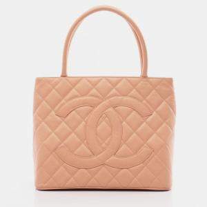 Pre Owned Chanel Medallion Tote Bag Leather Grained Calfskin Pink