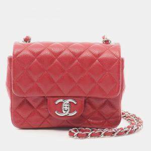 Pre Owned Chanel Mini Matelasse Shoulder Bag Grained Calfskin Red