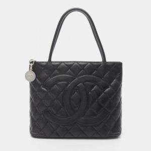 Pre Owned Chanel Medallion Tote Hand Bag Calfskin Leather Black
