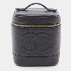 Pre Owned Chanel Coco Mark Hand Vertical Vanity Bag Calfskin Black