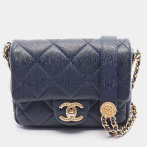 Pre Owned Chanel Matelasse Mini Chian Crossbody Shoulder Bag Calfskin Navy