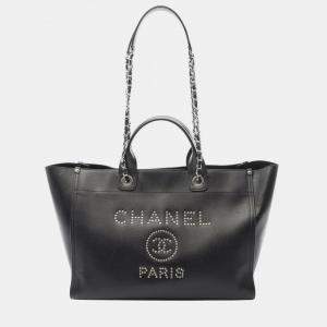 Pre Owned Chanel Deauville Tote Chain Shoulder Bag Calf Leather Black