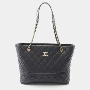 Pre Owned Chanel Matelasse Tote Chain Shoulder Bag Calfskin Leather Black