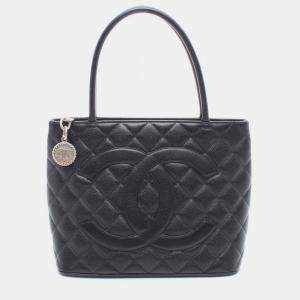 Pre Owned Chanel Medallion Tote Hand Bag Grained Calf Leather Black