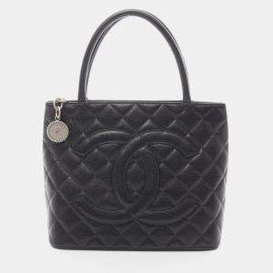 Pre Owned Chanel Medallion Tote Hand Bag Calfskin Leather Black