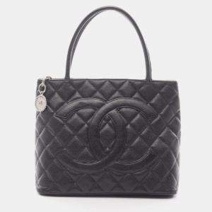 Pre Owned Chanel Medallion Tote Hand Bag Leather Grained Calfskin Black