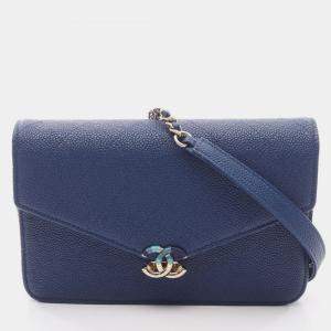 Pre Owned Chanel Matelasse Half Coco Chain Shoulder Crossbody Calf Leather Blue