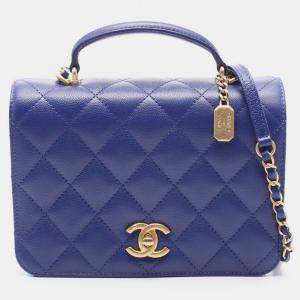 Pre Owned Chanel Matelasse 2Way Hand Shoulder Bag Leather Grained Calfskin Blue