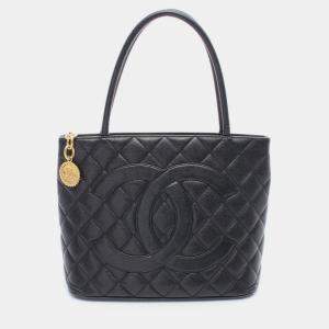 Pre Owned Chanel Medallion Tote Shoulder Bag Leather Calfskin Leather Black