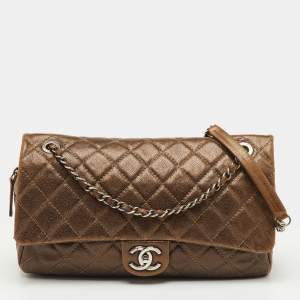 Pre Owned Chanel Metallic Brown Quilted Caviar Leather Jumbo Easy Flap Bag